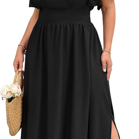 Plus Size Maxi Dress for Women Wrap V Neck Short Sleeve Smocked High Waist Side - Picture 1 of 6